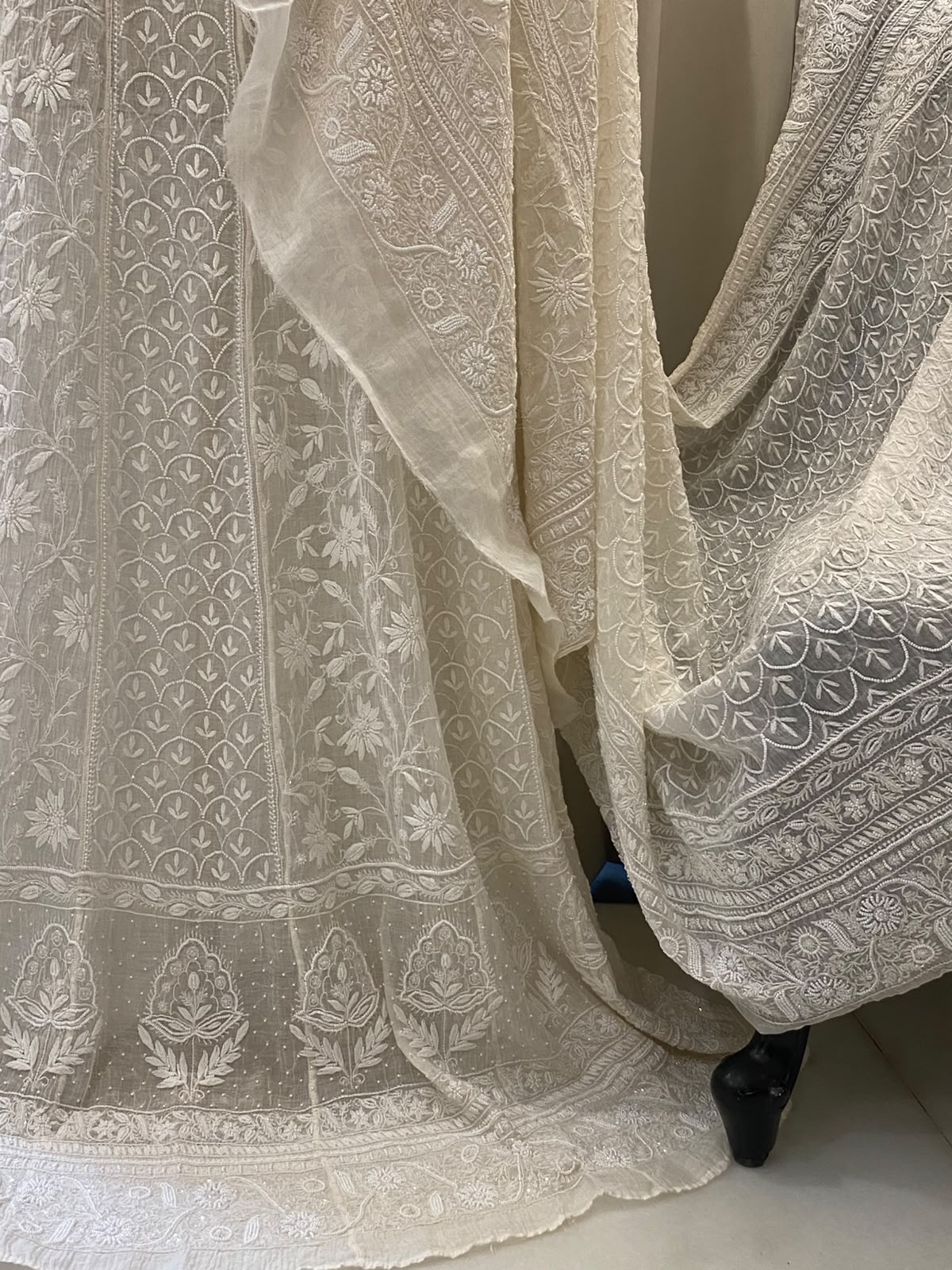 White Mul Chanderi Chikankari Lehenga Set