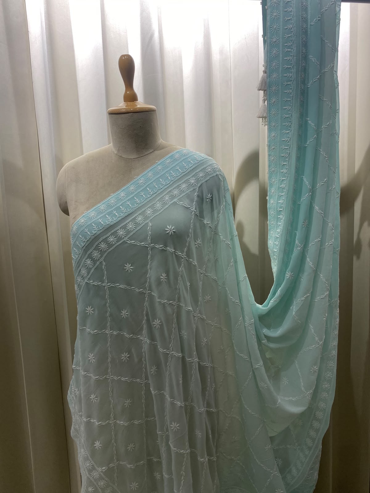 Blue Georgette Chikankari Dupatta with tassel detailing