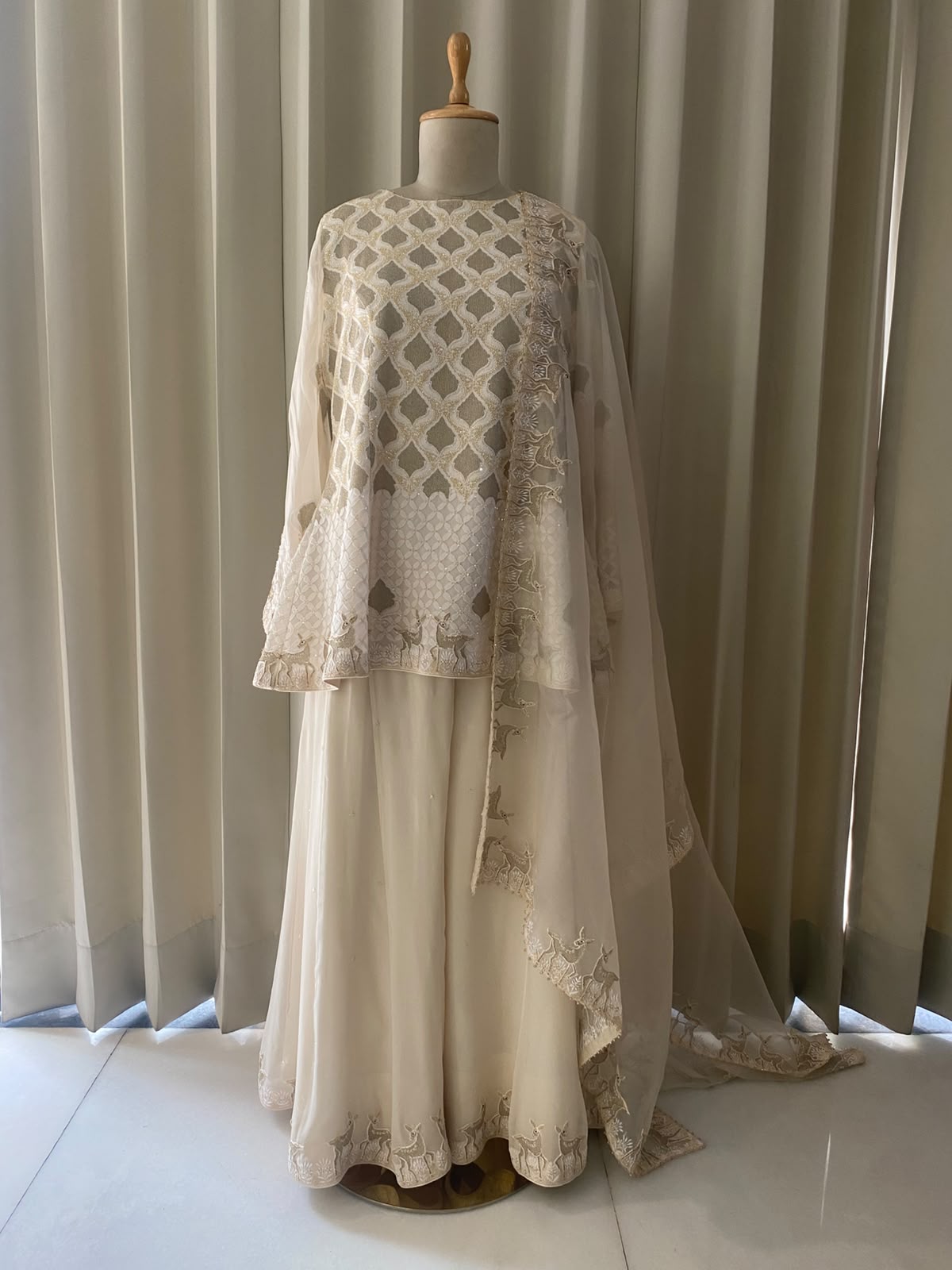 Ivory Georgette Chikankari Deer Sharara Set