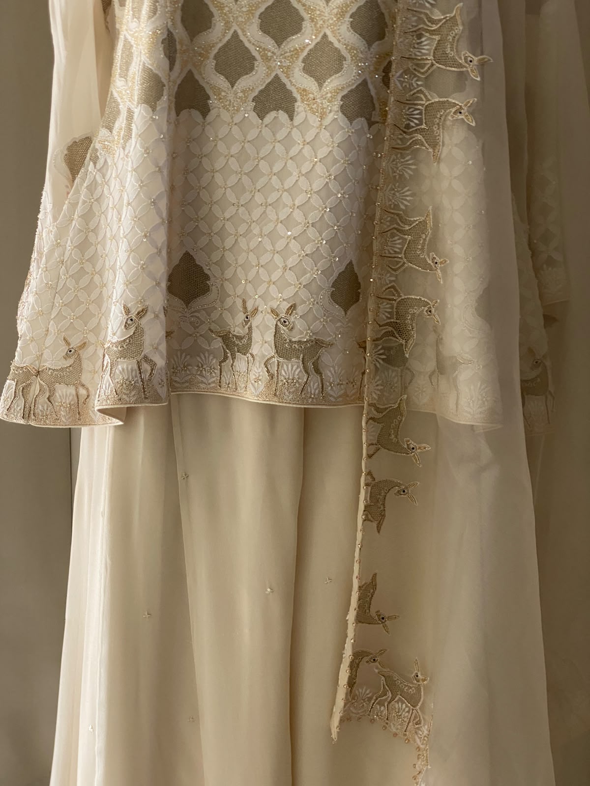 Ivory Georgette Chikankari Deer Sharara Set