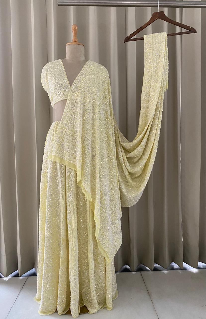 Butter Yellow Georgette Chikankari Lehenga Set