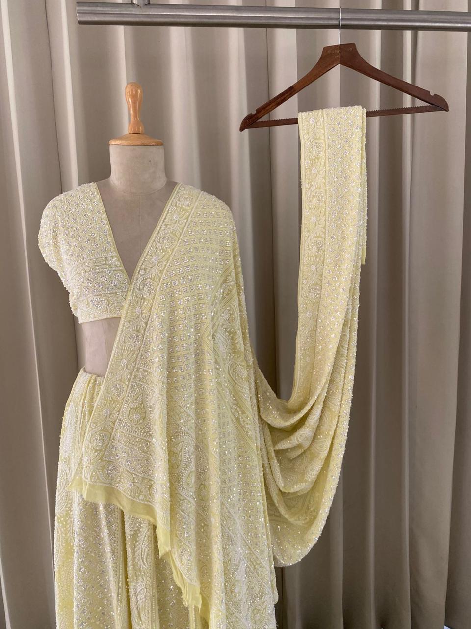 Butter Yellow Georgette Chikankari Lehenga Set