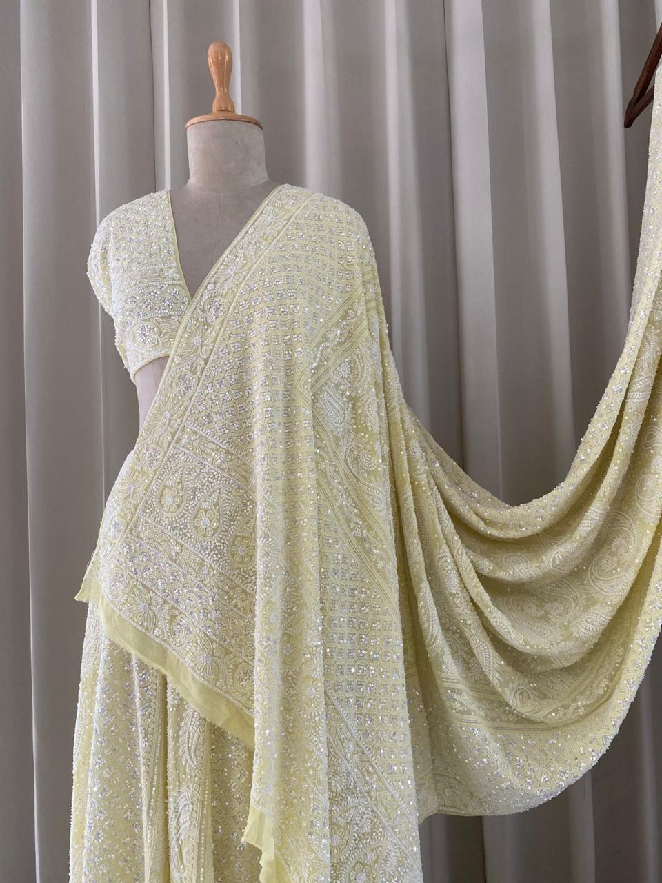 Butter Yellow Georgette Chikankari Lehenga Set