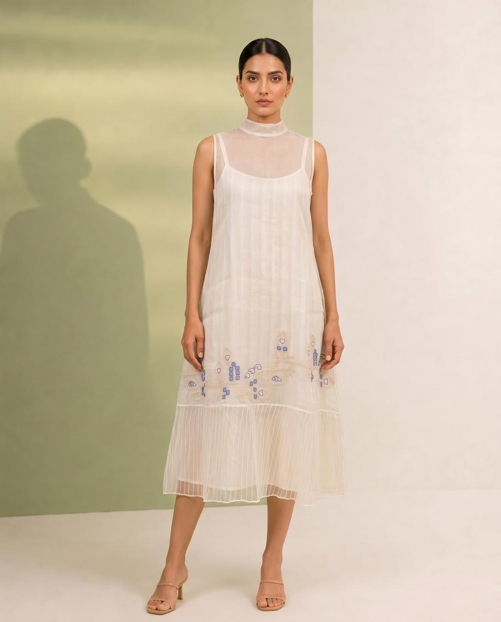 White Sleevesless organza Dress With Slip