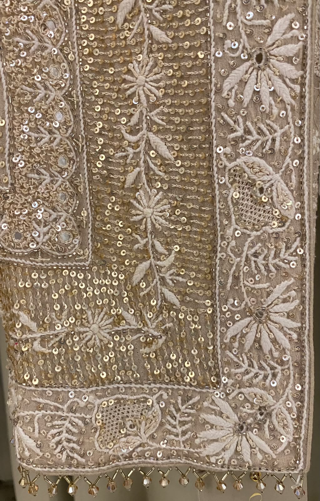 Beige Georgette Chikankari Dupatta with paisley motif