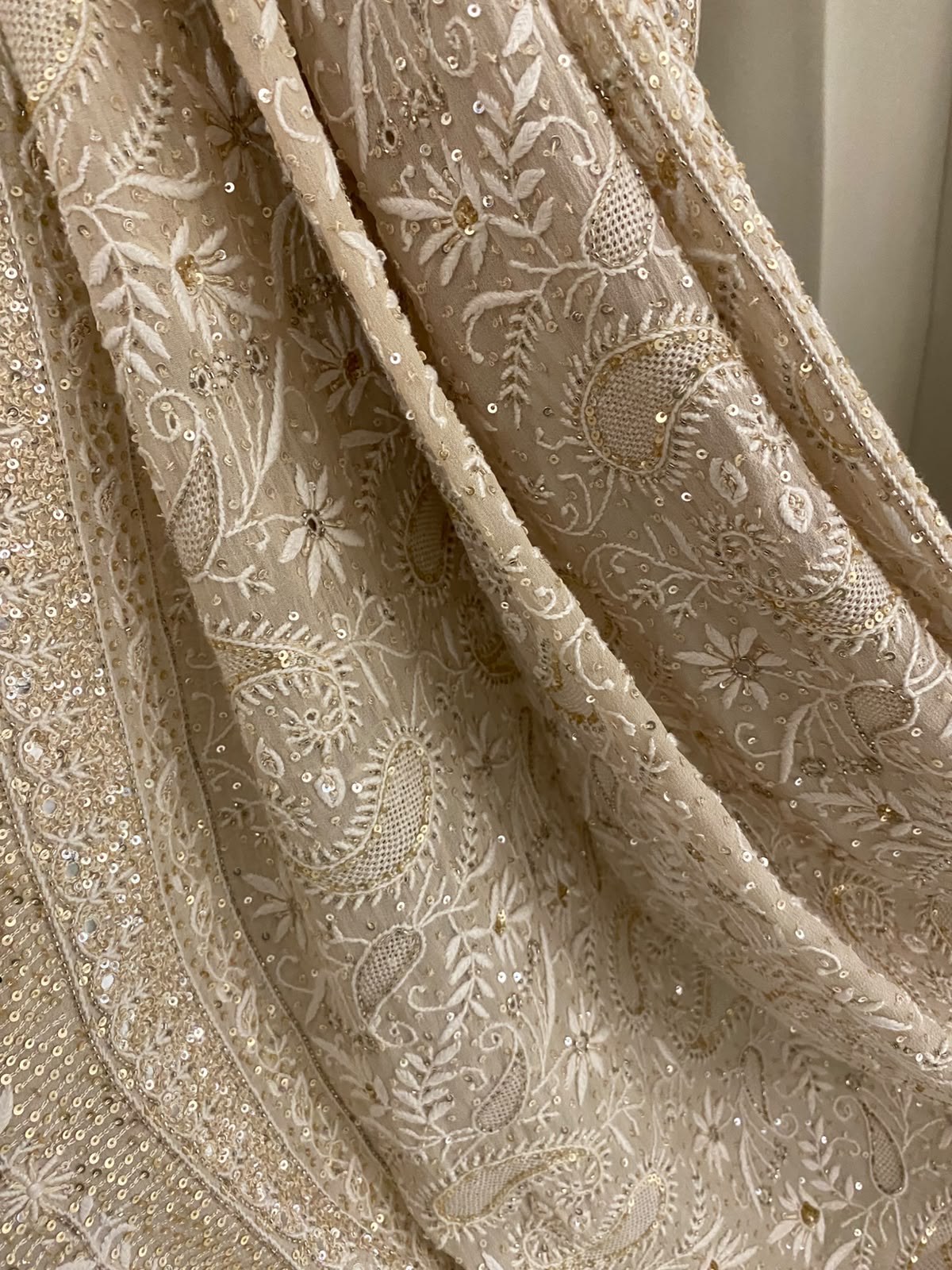 Beige Georgette Chikankari Dupatta with paisley motif