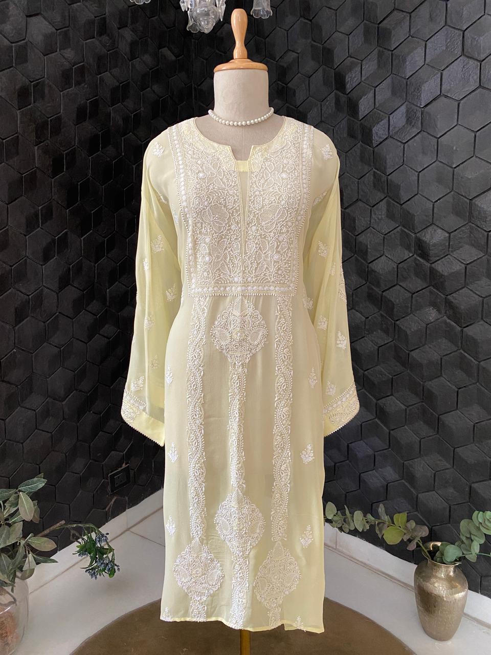 Yellow Chikankari Georgette Kurta And Dupatta Set