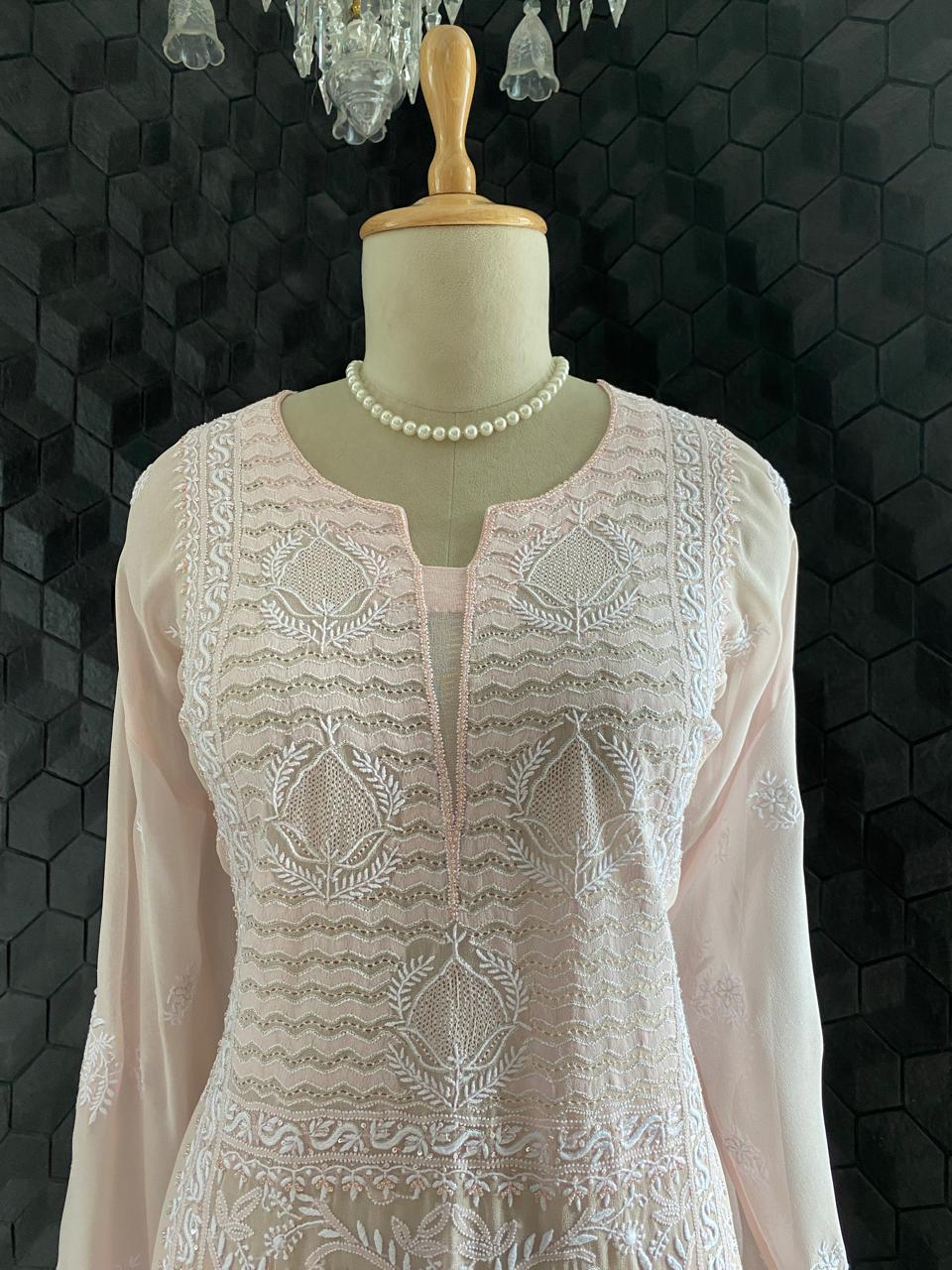 Peach Georgette Chikankari Kurta And Dupatta Set