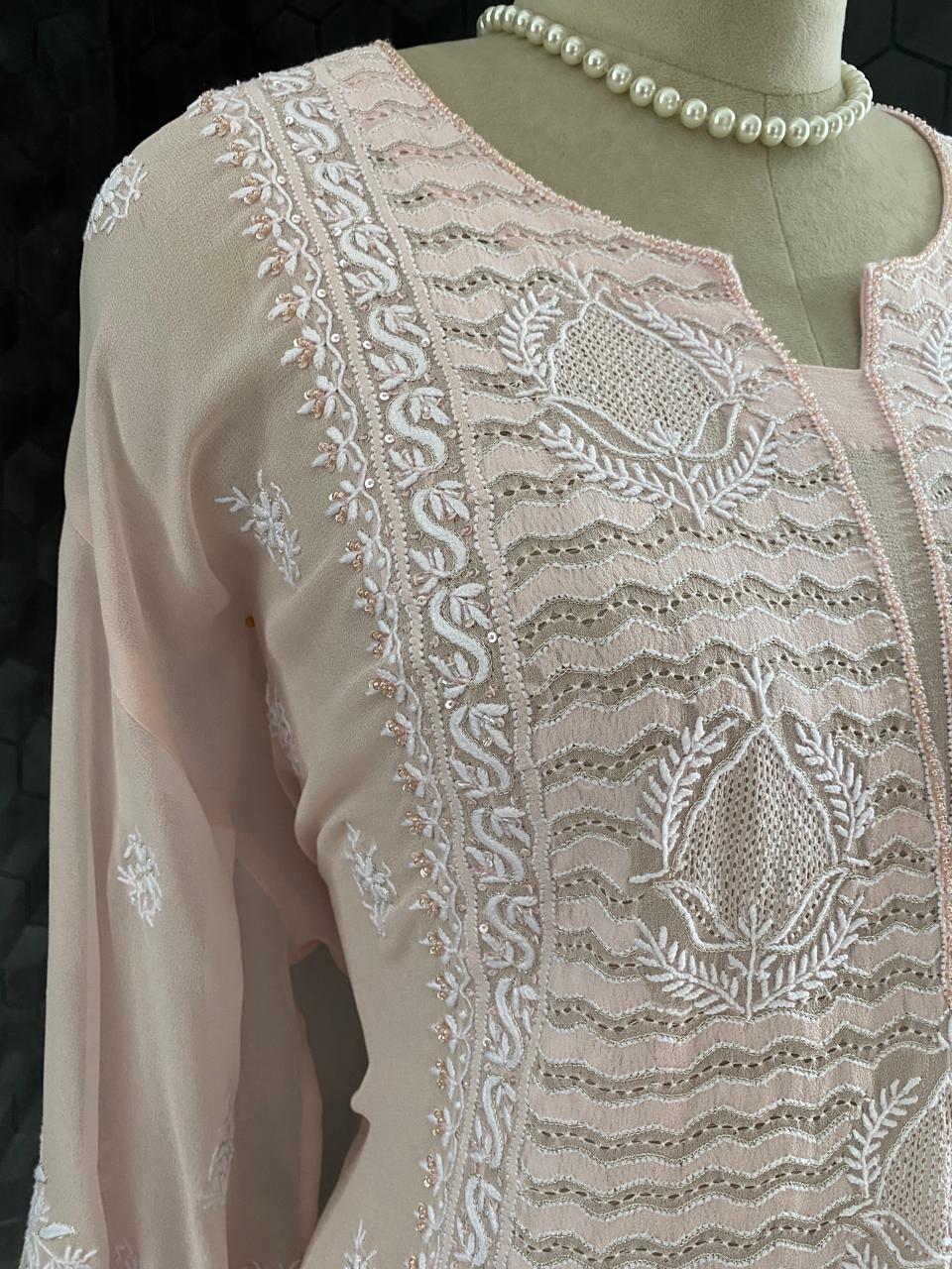 Peach Georgette Chikankari Kurta And Dupatta Set