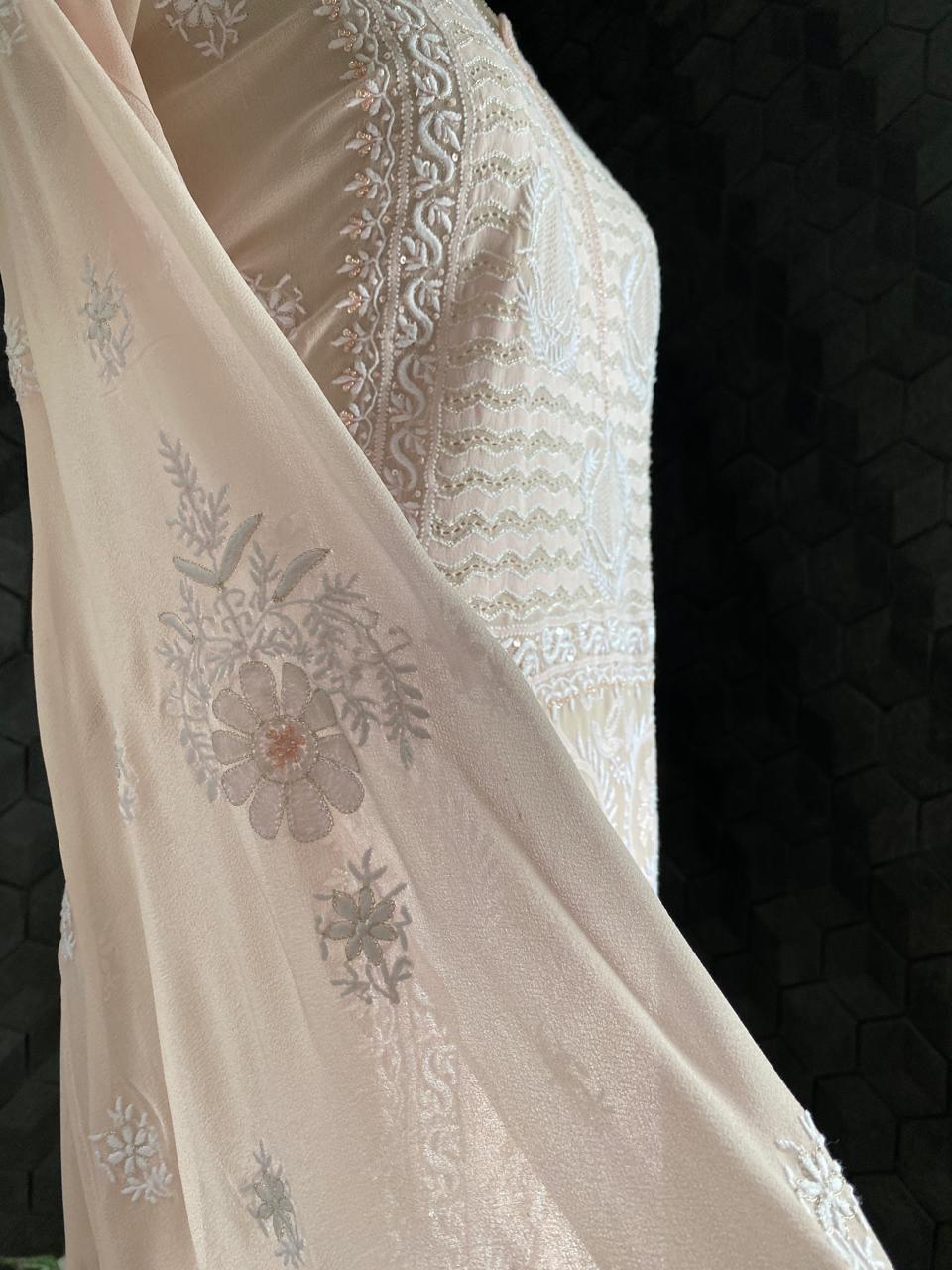 Peach Georgette Chikankari Kurta And Dupatta Set
