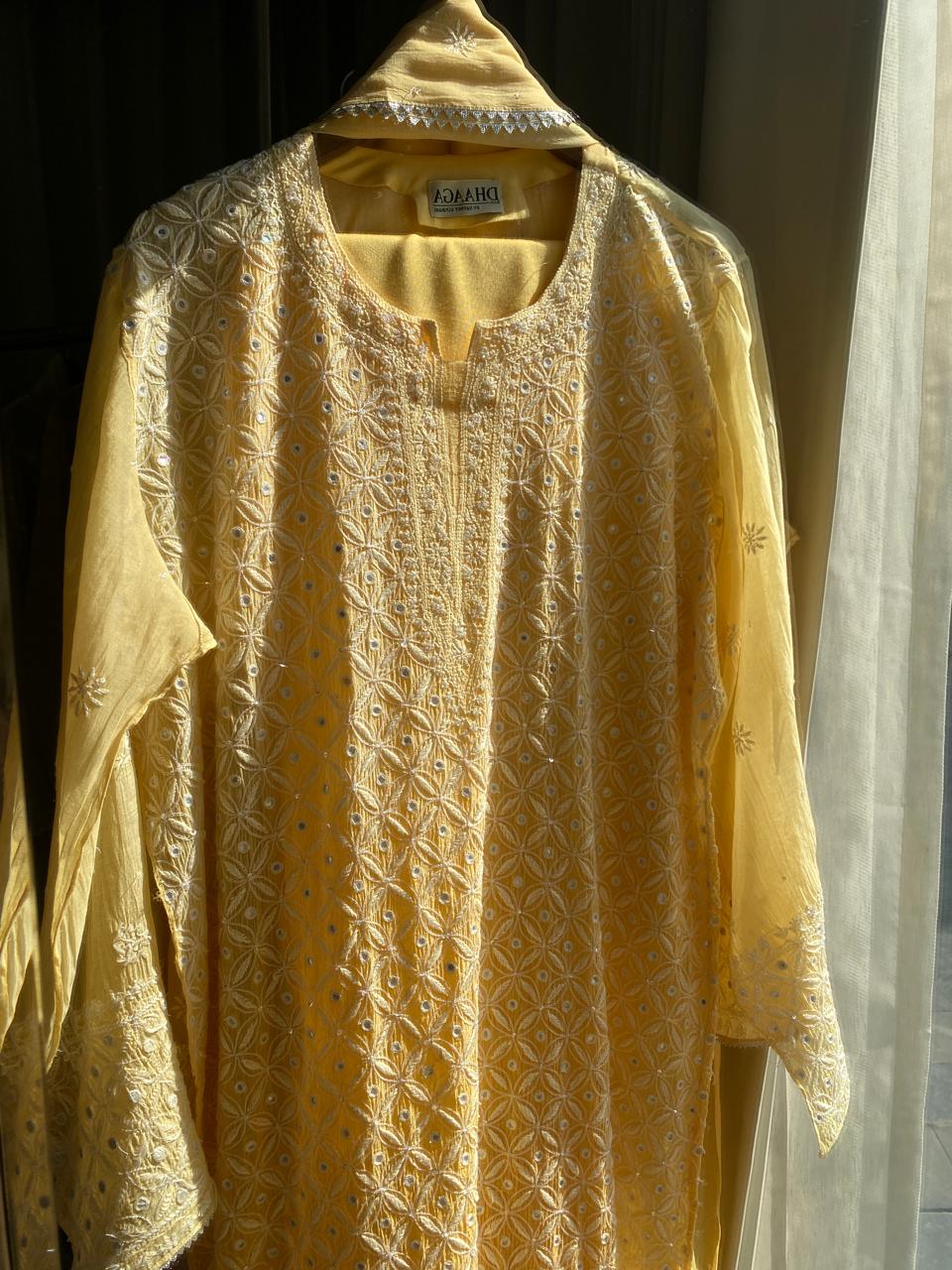 Yellow Mul Chanderi Chikankari Kurta Set with Mirror Work