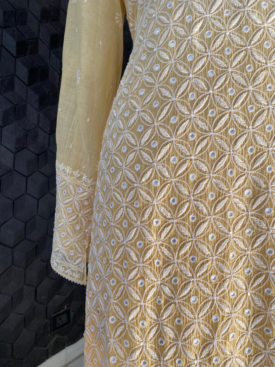 Yellow Mul Chanderi Chikankari Kurta Set with Mirror Work