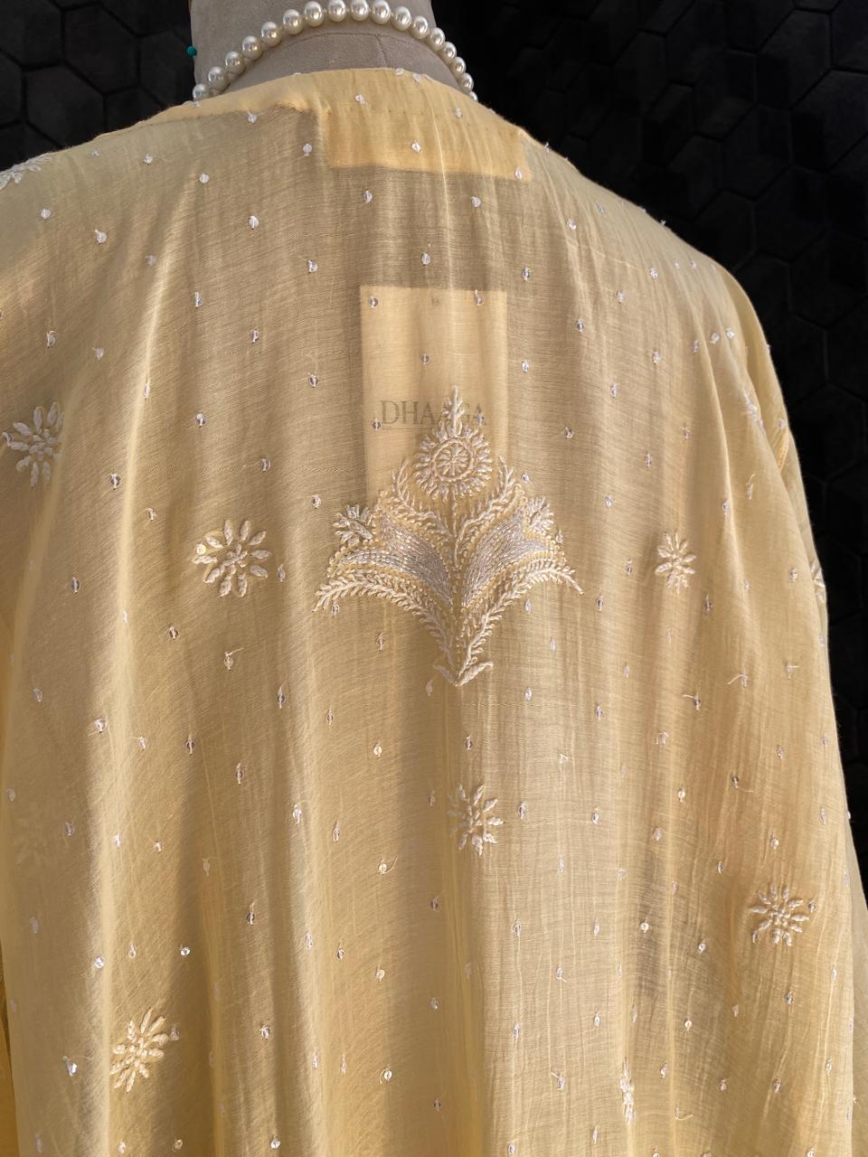Yellow Mul Chanderi Chikankari Kurta Set with Mirror Work