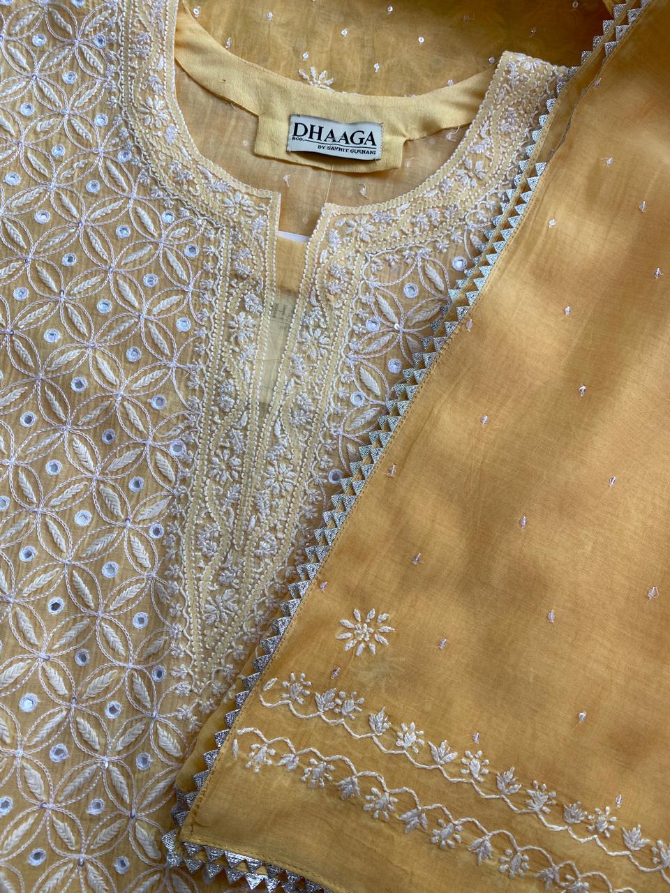 Yellow Mul Chanderi Chikankari Kurta Set with Mirror Work
