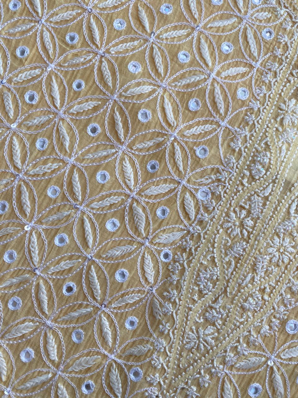 Yellow Mul Chanderi Chikankari Kurta Set with Mirror Work