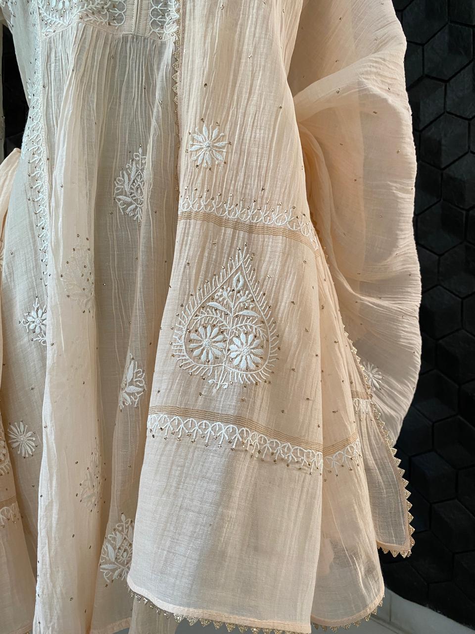 Peach Mul Chanderi Chikankari and Mukaish Sharara Set with Statement Paan Boota