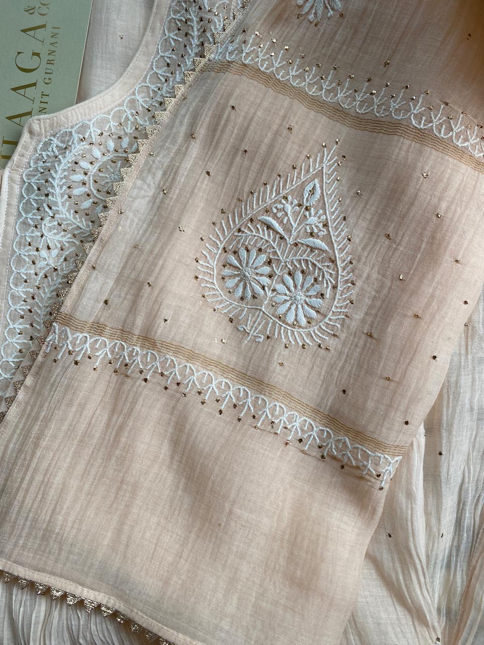 Peach Mul Chanderi Chikankari and Mukaish Sharara Set with Statement Paan Boota