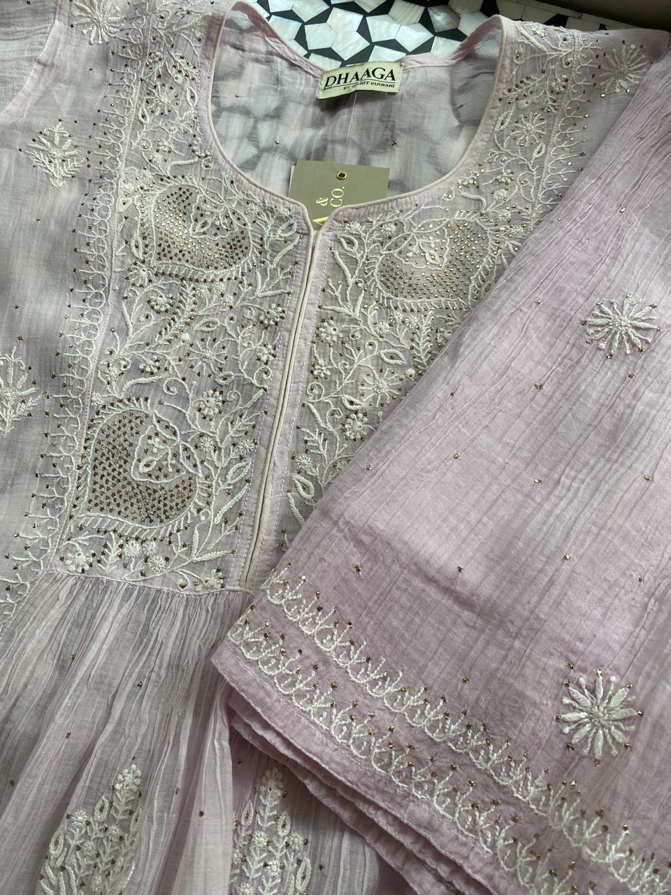Lilac Mul Chanderi Chikankari and Mukaish Sharara Set