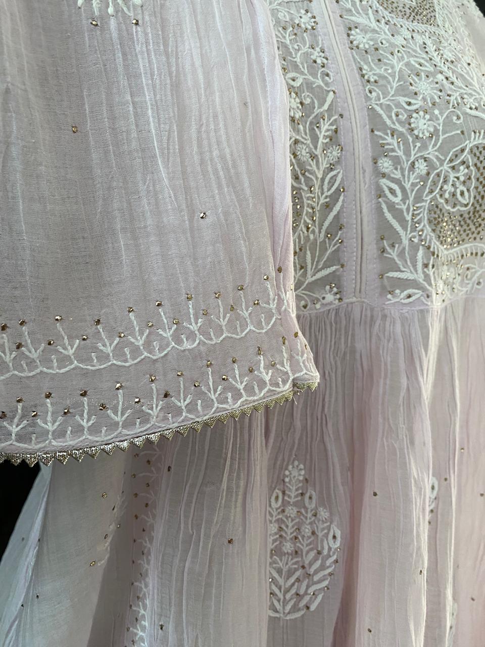 Lilac Mul Chanderi Chikankari and Mukaish Sharara Set