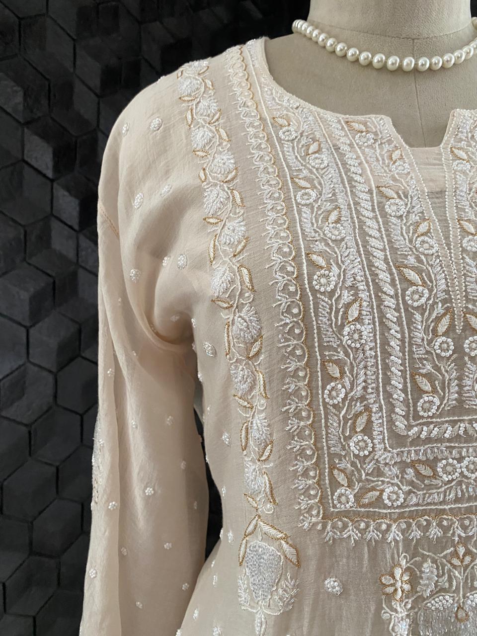 Ombre Sage Green Mul Chanderi Chikankari Kurta Set