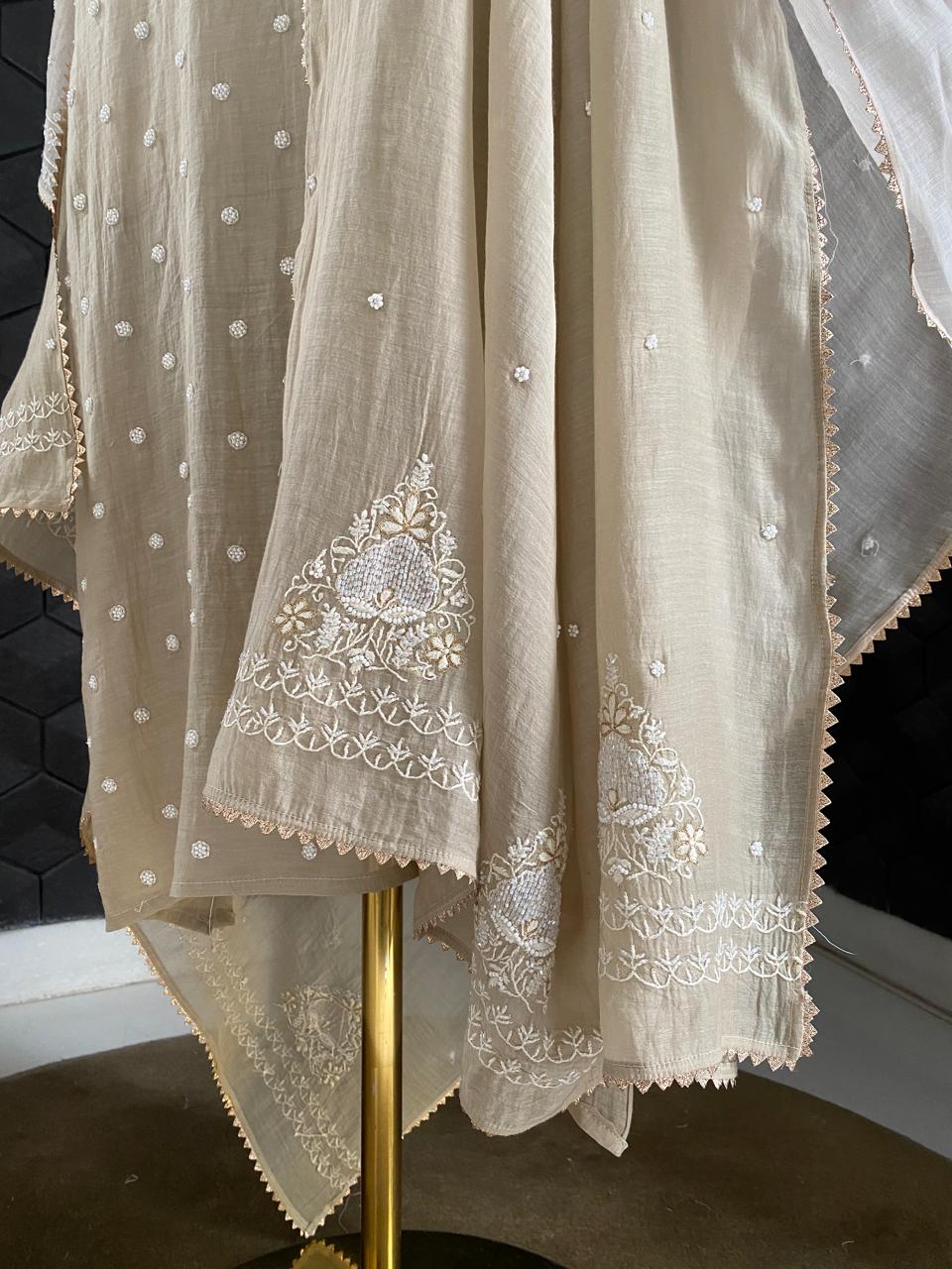 Ombre Sage Green Mul Chanderi Chikankari Kurta Set