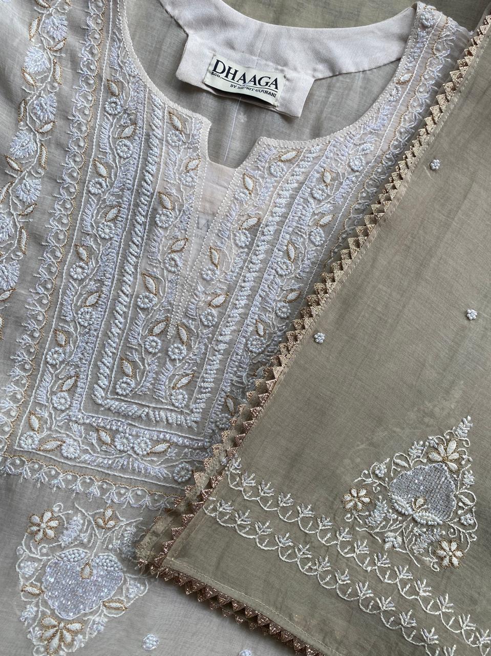 Ombre Sage Green Mul Chanderi Chikankari Kurta Set
