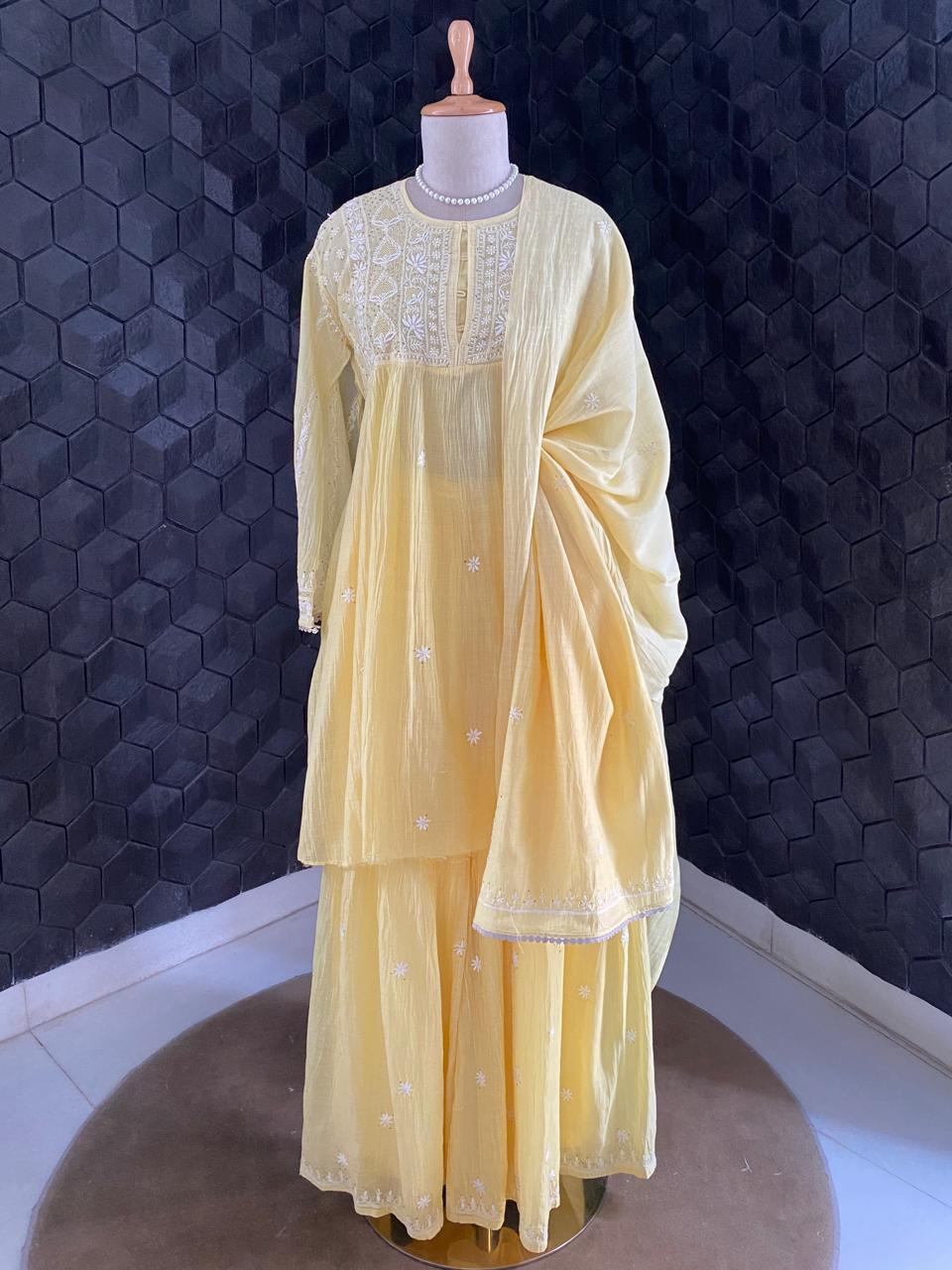 Yellow Mul Chanderi Chikankari and Mukaish Sharara Set