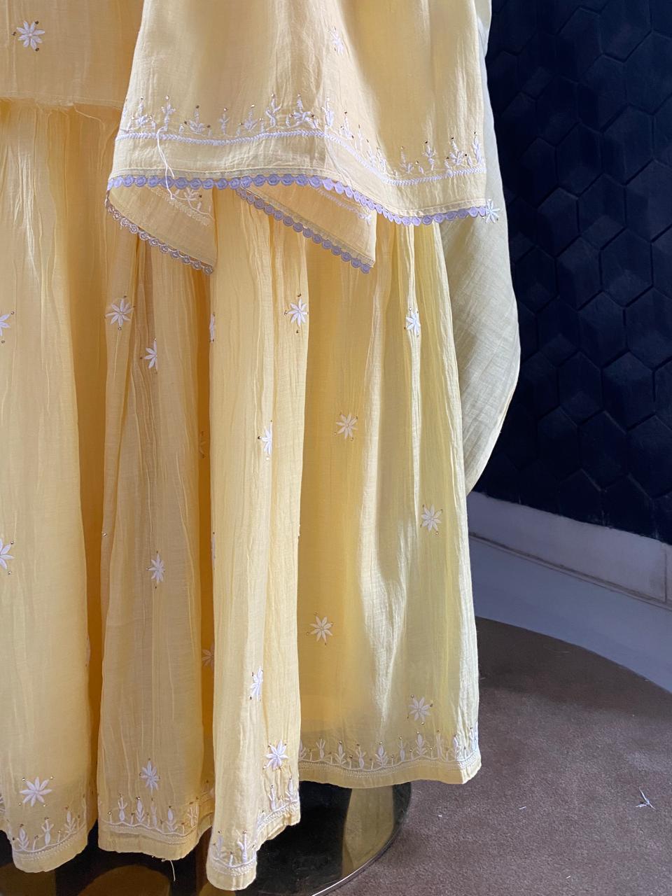 Yellow Mul Chanderi Chikankari and Mukaish Sharara Set