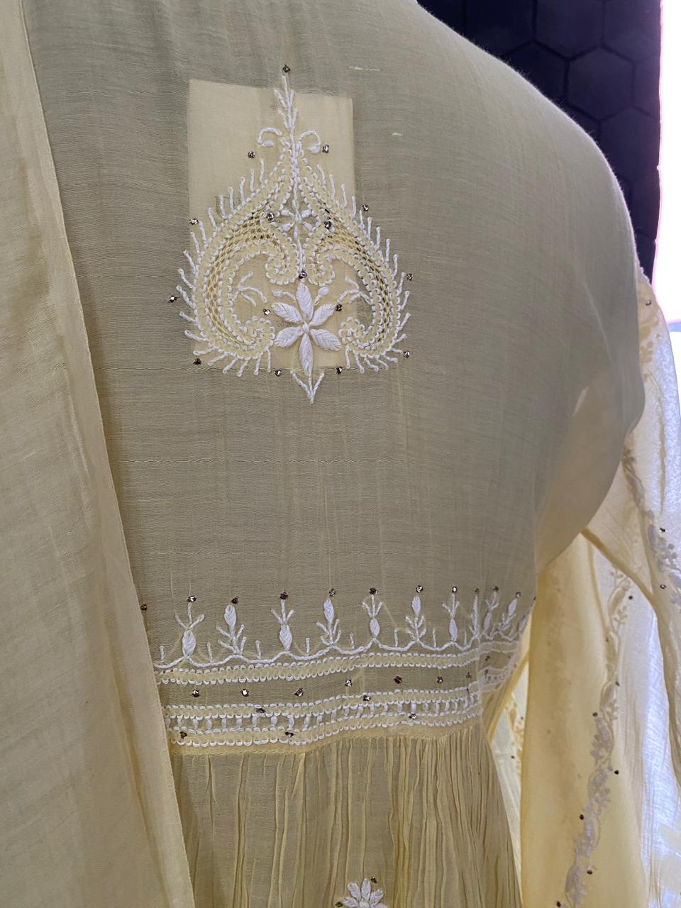 Yellow Mul Chanderi Chikankari and Mukaish Sharara Set