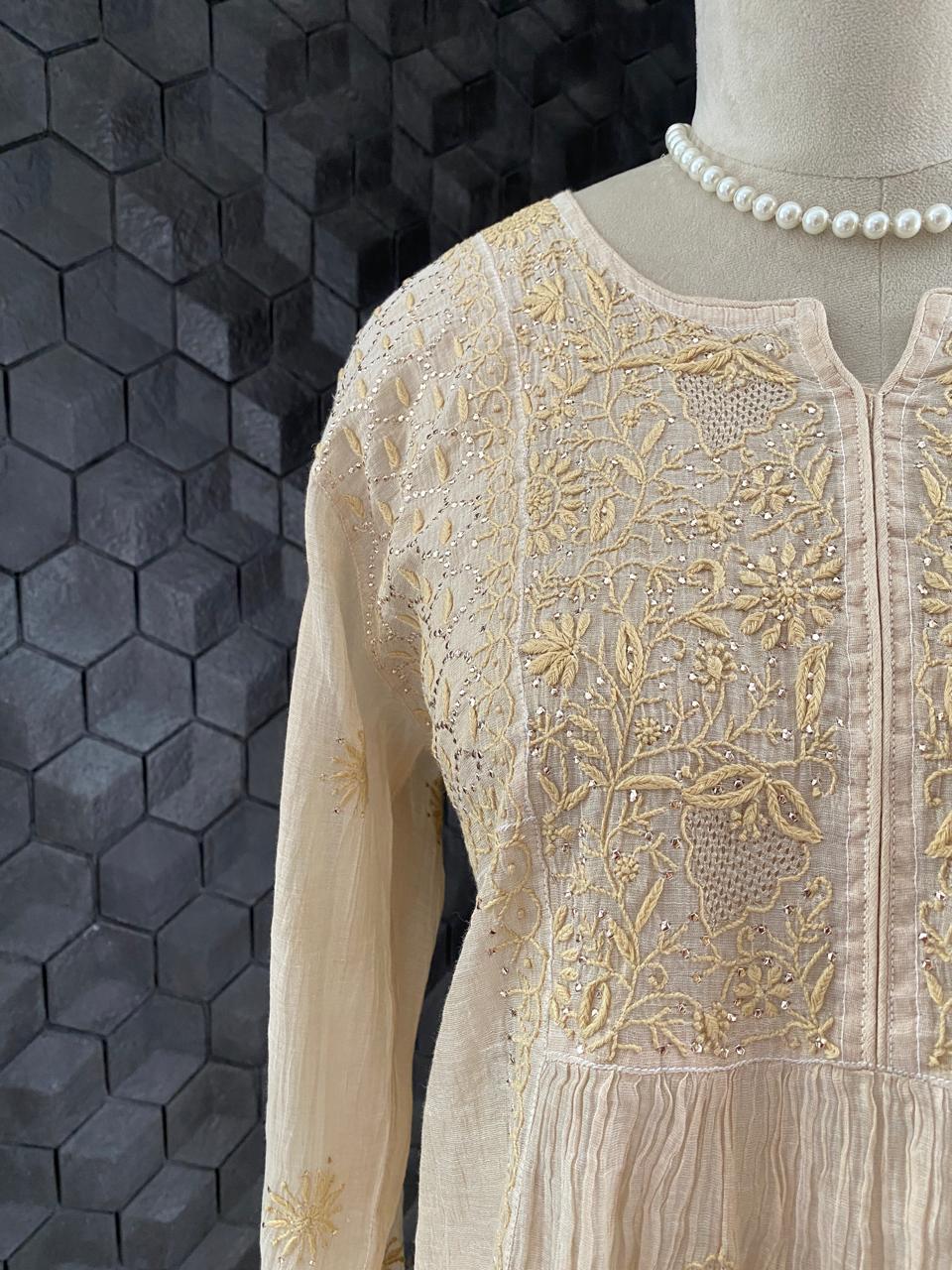 Beige Mul Chanderi Chikankari and Mukaish Sharara Set