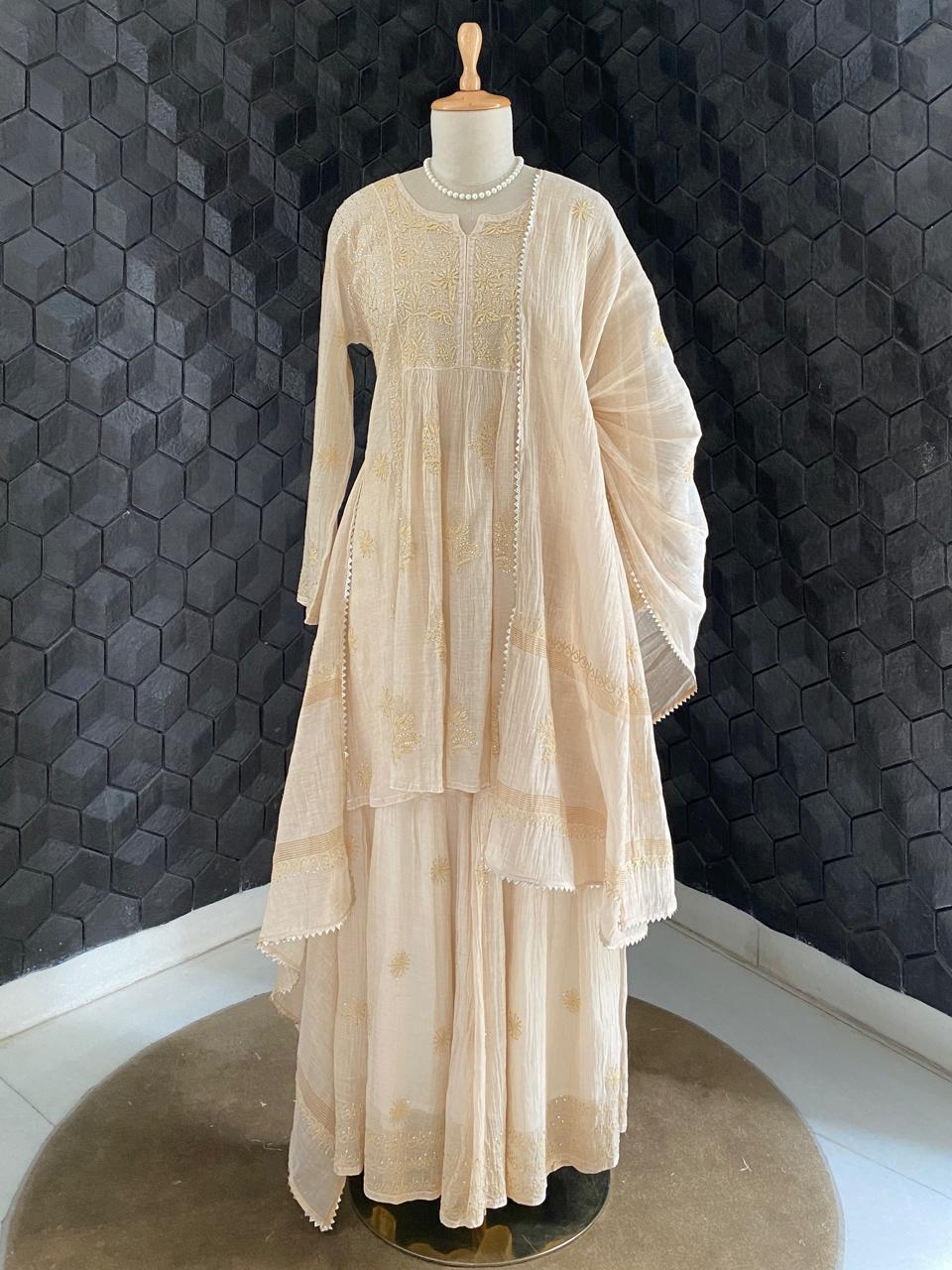 Beige Mul Chanderi Chikankari and Mukaish Sharara Set
