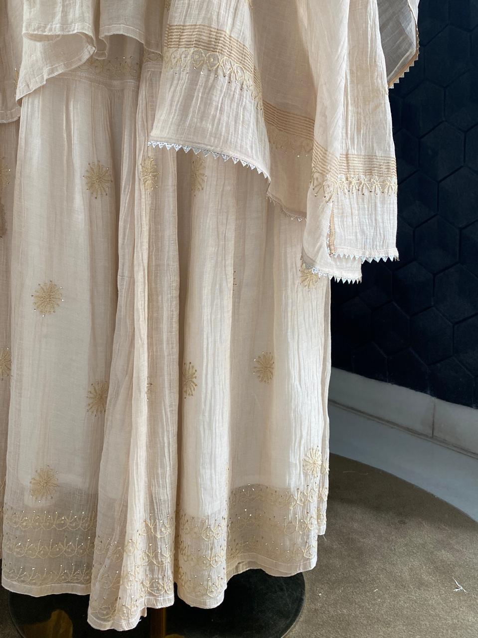 Beige Mul Chanderi Chikankari and Mukaish Sharara Set