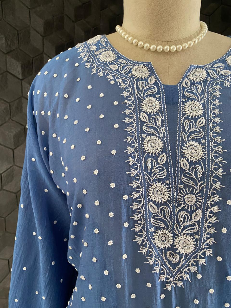 Cobalt blue Mul Chanderi Chikankari Kurta Set with Heavy Dupatta