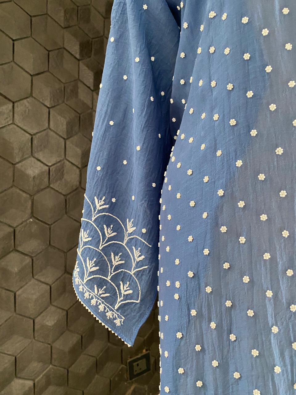 Cobalt blue Mul Chanderi Chikankari Kurta Set with Heavy Dupatta