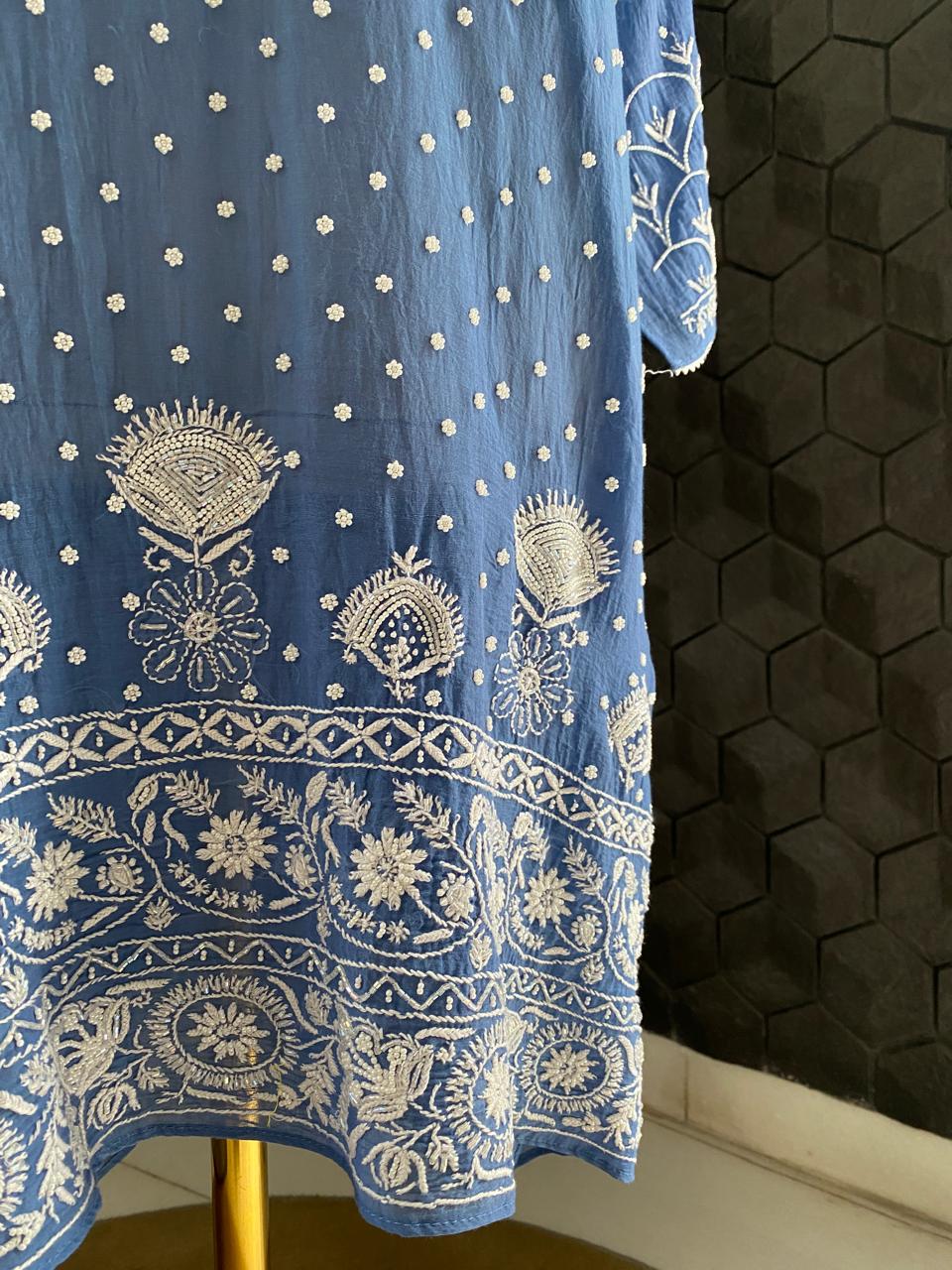 Cobalt blue Mul Chanderi Chikankari Kurta Set with Heavy Dupatta