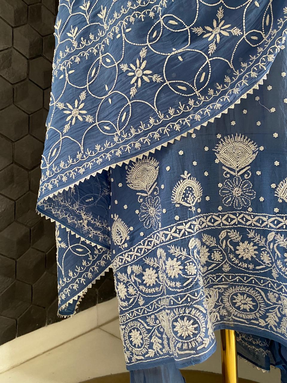 Cobalt blue Mul Chanderi Chikankari Kurta Set with Heavy Dupatta