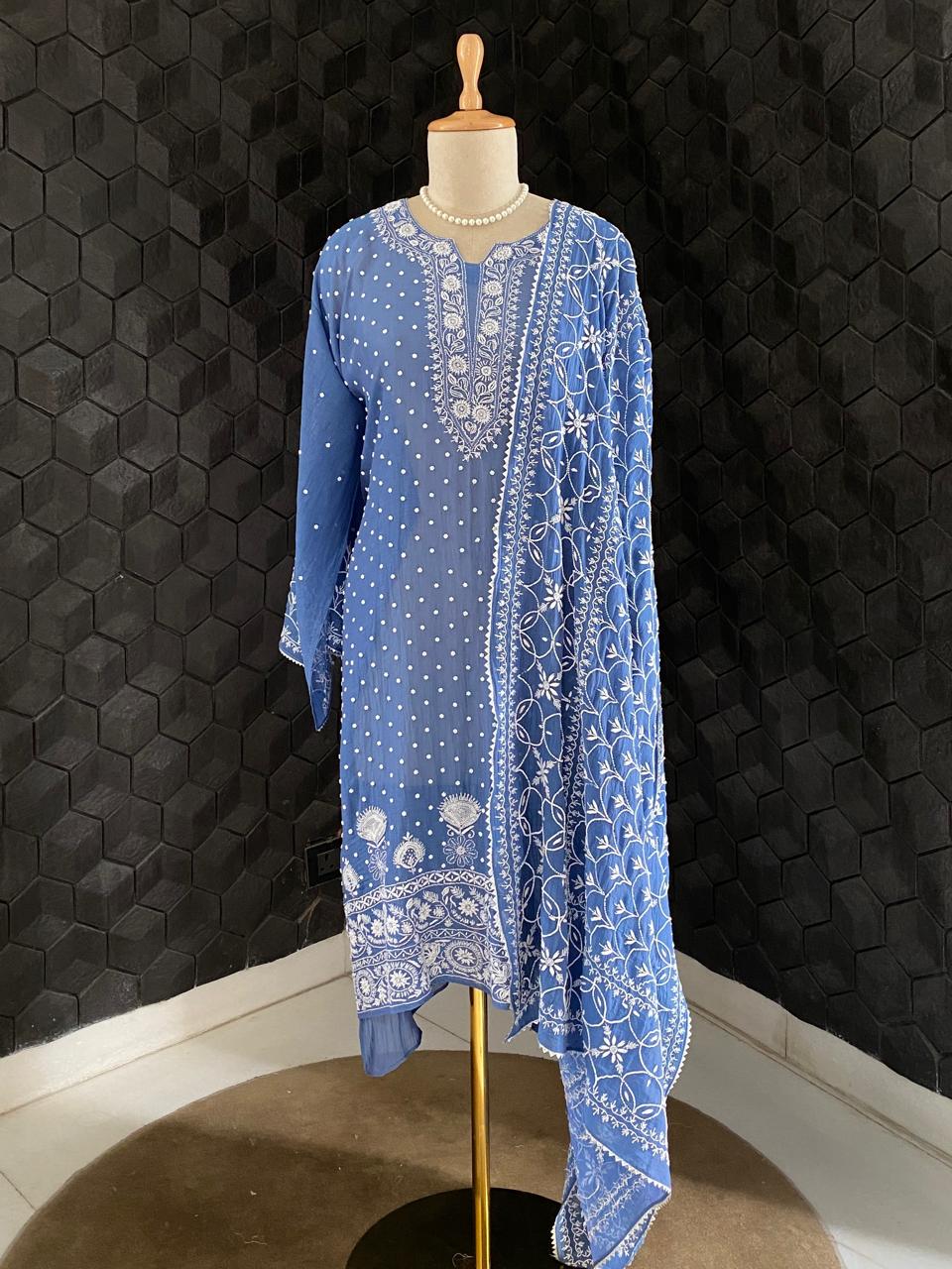 Cobalt blue Mul Chanderi Chikankari Kurta Set with Heavy Dupatta