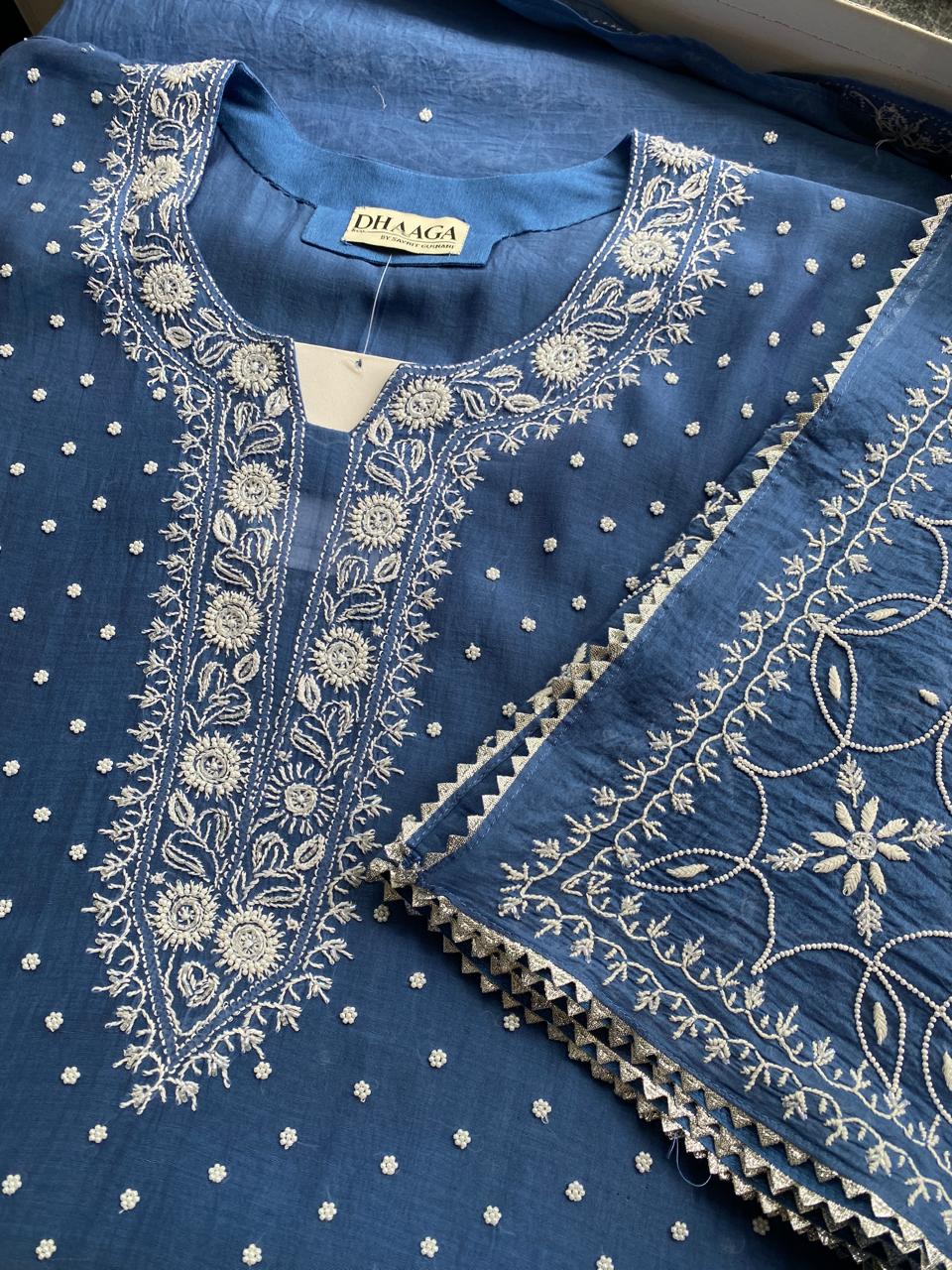 Cobalt blue Mul Chanderi Chikankari Kurta Set with Heavy Dupatta