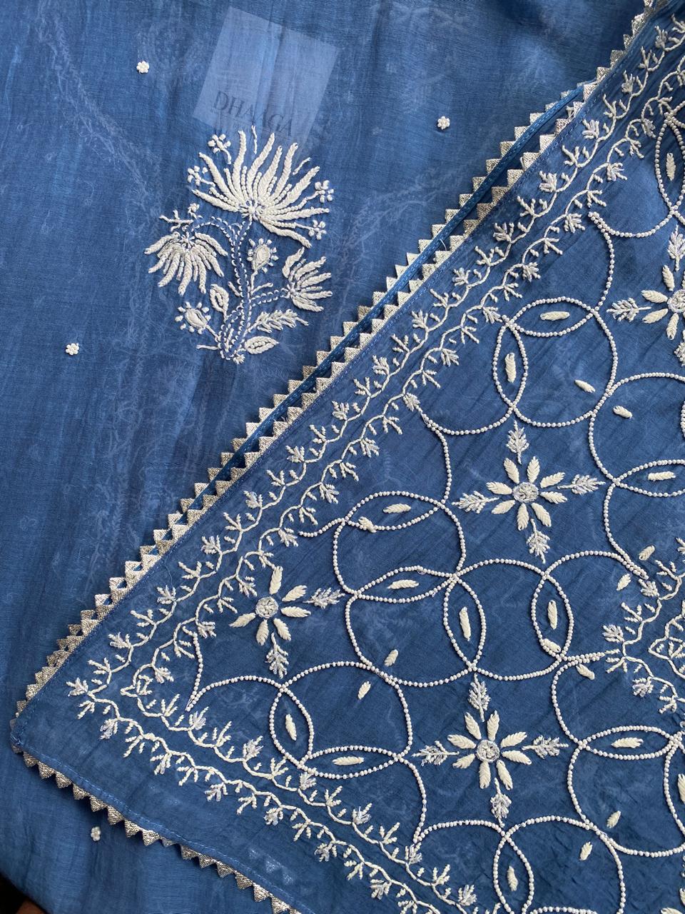 Cobalt blue Mul Chanderi Chikankari Kurta Set with Heavy Dupatta