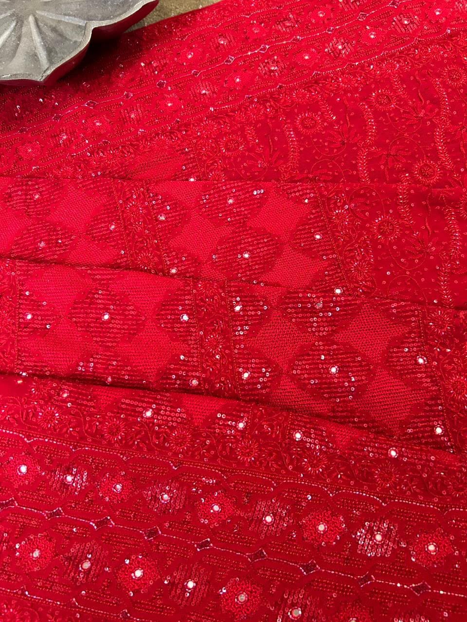 Red Georgette Chikankari Heavy Dupatta