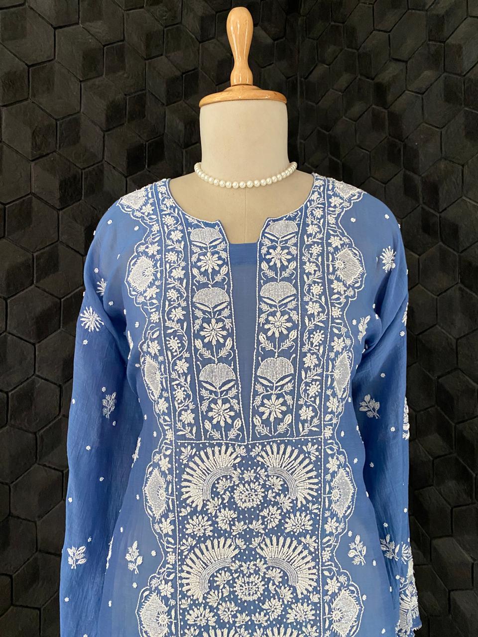 Cobalt Blue Mul Chanderi Chikankari Kurta Set