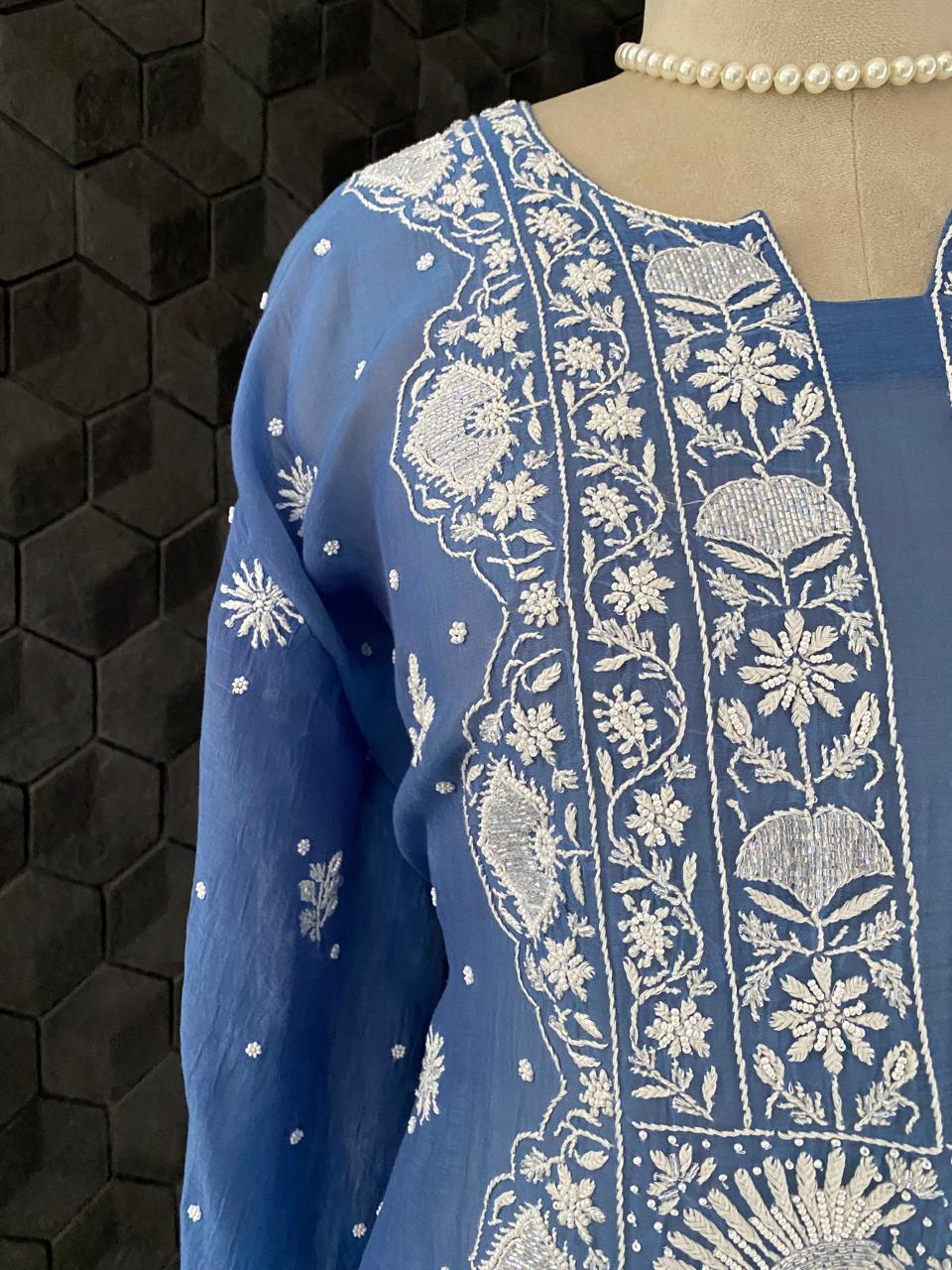 Cobalt Blue Mul Chanderi Chikankari Kurta Set