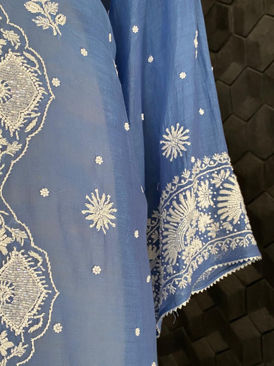 Cobalt Blue Mul Chanderi Chikankari Kurta Set