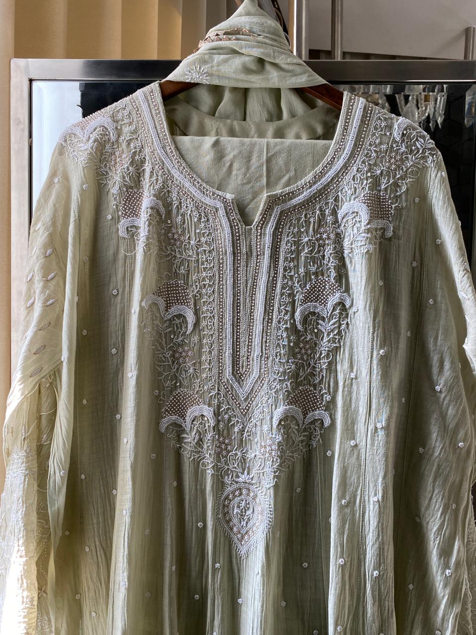Ombre Sage Green Mul Chanderi Chikankari Kurta Set