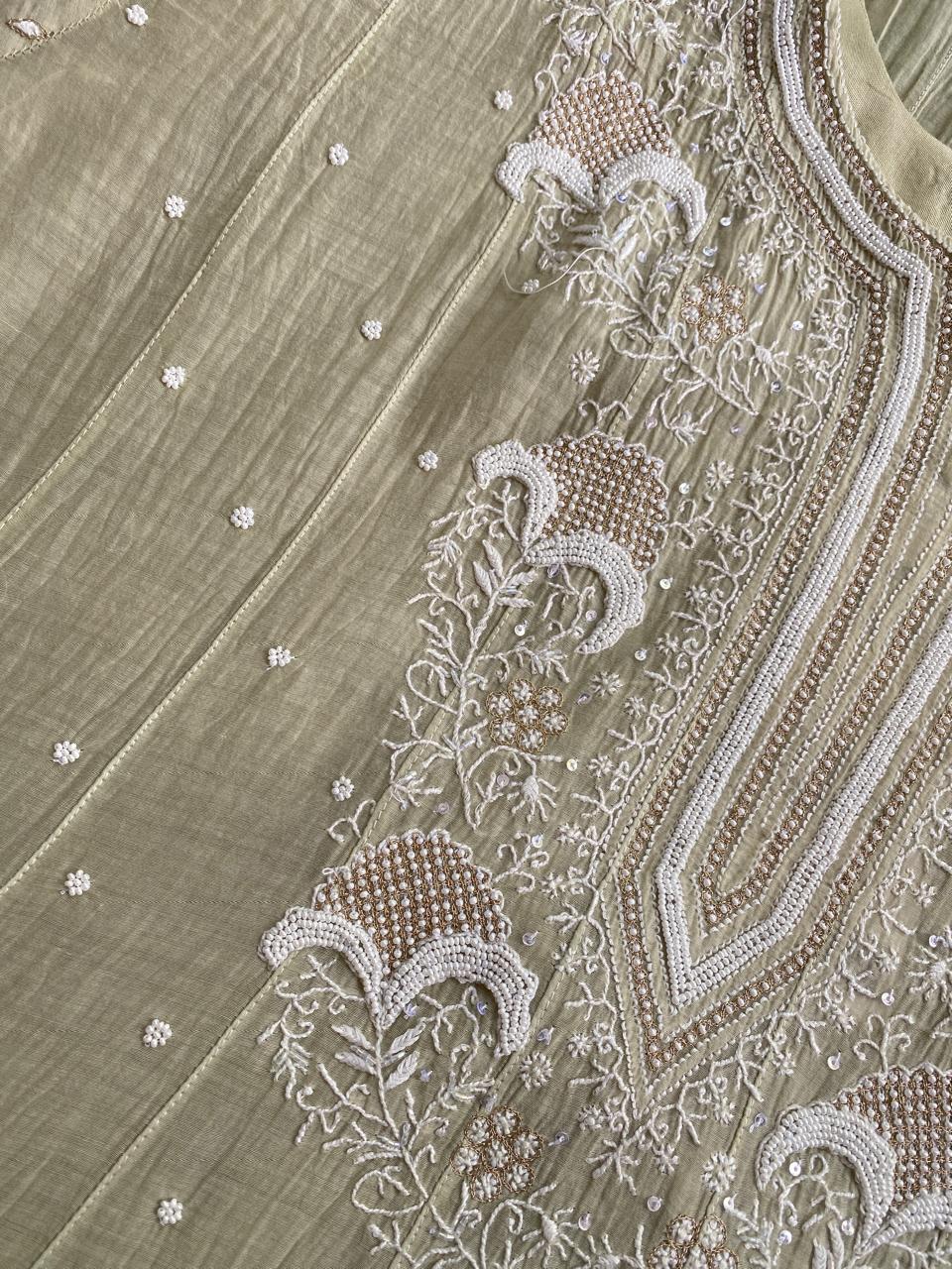Ombre Sage Green Mul Chanderi Chikankari Kurta Set