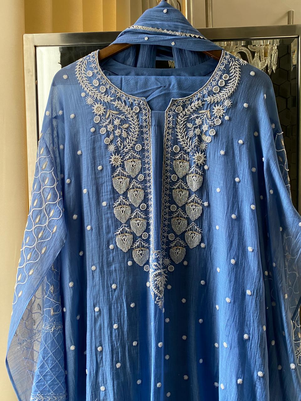 Blue Mul Chanderi Chikankari Kurta Set
