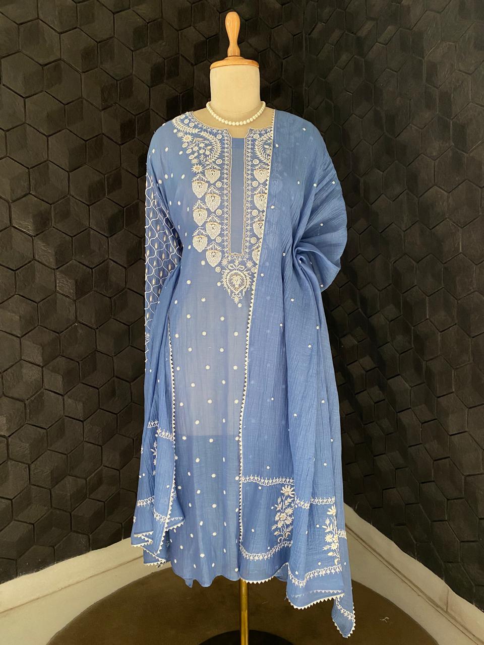 Blue Mul Chanderi Chikankari Kurta Set