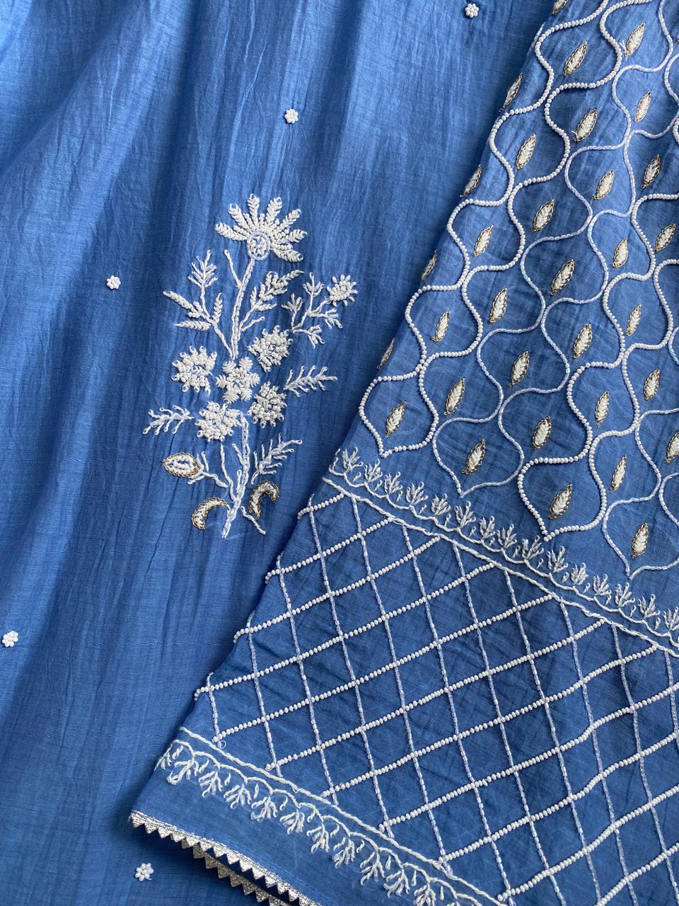 Blue Mul Chanderi Chikankari Kurta Set
