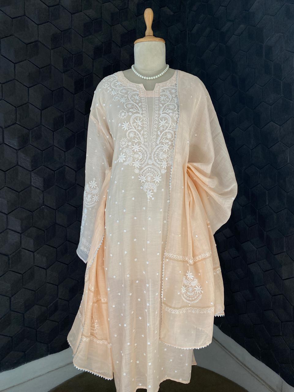 Peach Mul Chanderi Chikankari Kurta Set