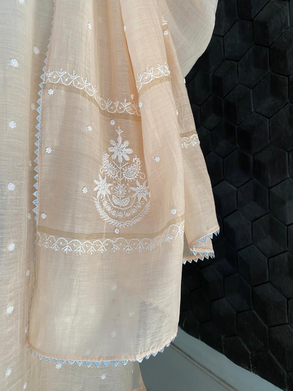 Peach Mul Chanderi Chikankari Kurta Set